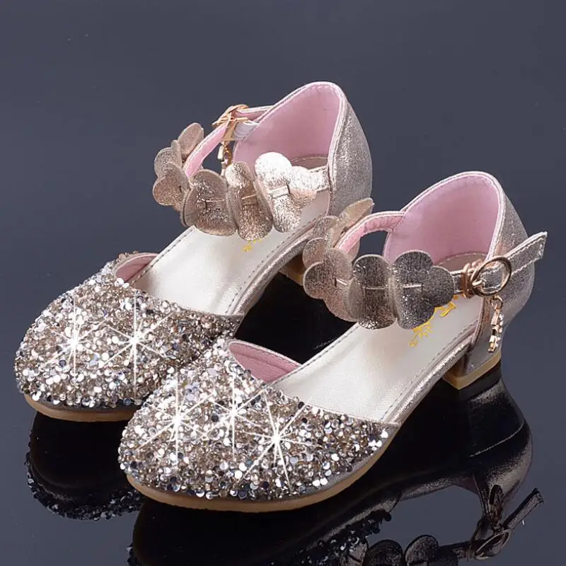 SKHEK/детская обувь принцессы для девочек; сандалии на высоком каблуке; блестящая женская обувь со стразами для вечеринок; цвет серебряный, розовый, золотой - Цвет: Золотой