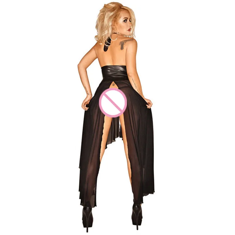 Sexy Halter Backless Sheer Mesh Patchwork Long Dress Women Punk Rock Club Wear & Pole Dancing Costume Black Faux Leather Kleid (2)