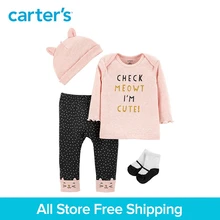 4pcs babysoft set with polka dots Kitty face pants slogan tee socks 3D ears cap Carter’s baby girl all season clothing 126H621