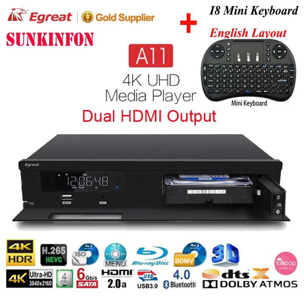 Egreat A11 tv Box 4K UHD медиаплеер 2G/16G 2T2R wifi Gigabit LAN Blu-Ray 3D Dolby ATOMS DTS X VIDON 2 HDMI порта PK Egreat A10 - Цвет: A11 N I8 English