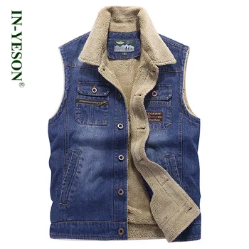 

IN-YESON Brand Fleece Denim Vest Men High Quality Classic Retro Thicken Denim Sleeveless Jacket Male Waistcoat Plus Size 4XL