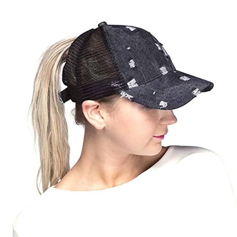 

Outdoor sports running cap denim hole cap rear opening ponytail cap outdoor fitness riding hiking Hats Adjustable For Women