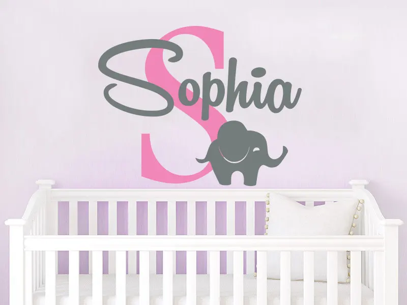 Customize Name Wall Decal Elephant Initial Decor Personalized Baby Name
