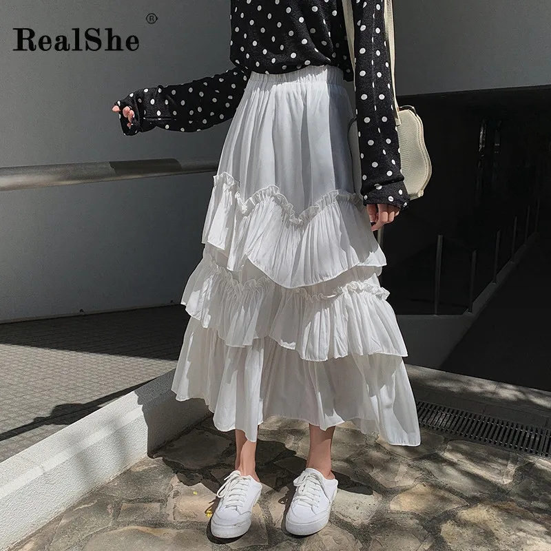 RealShe Women Skirt Long High Elastic Waist Ruffles Cake A-Line Long Skirt Bohemian Autumn Casual Jupe Femme 2019 Womens Skirts