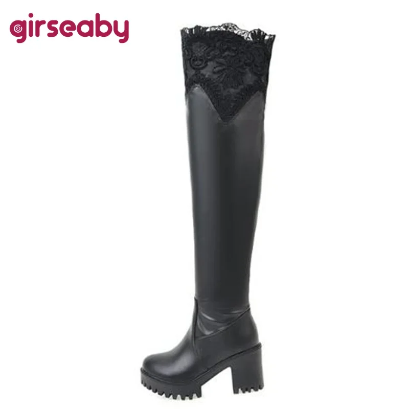 

Girseaby New Autumn Winter long lace boots women boots platform overknee boots chunky boots black size 34-45 Botas Mujer F201