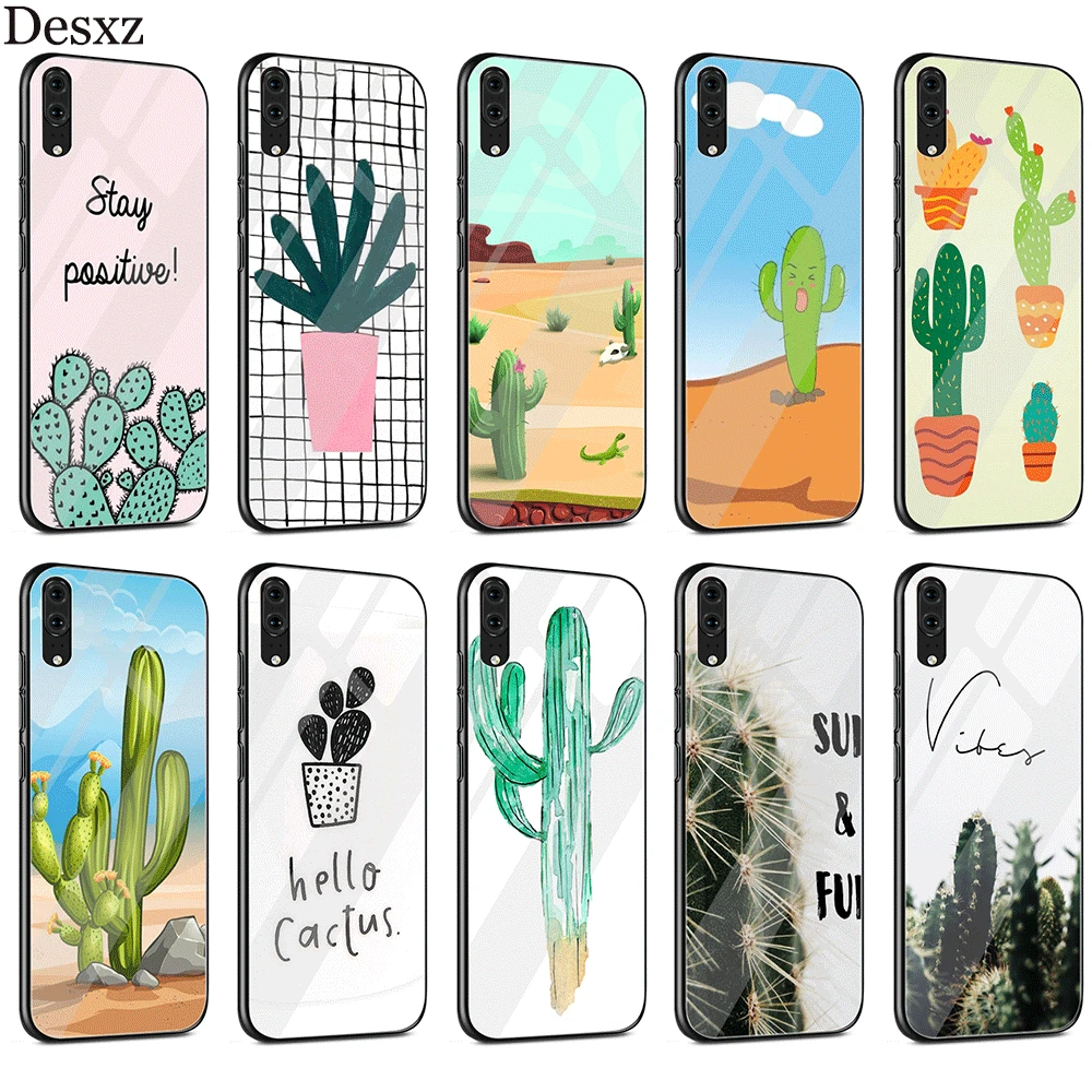 

Gerleek Cactus Plant Glass Case For Huawei P10 P20 Pro P Smart Mate 10 20 Lite Y6 Y9 Honor 7A 8X 9 10 2018 2019 Cover