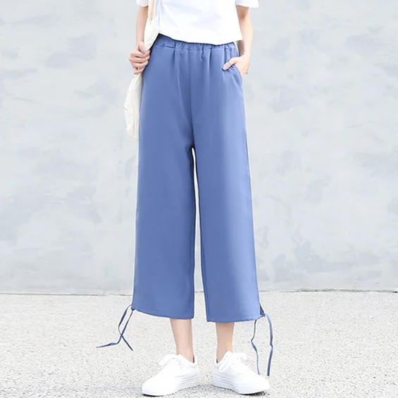 

Women Wide Leg Pants Summer 2019 Korean Style Solid Casual Elastic Waist Loose Chiffion Trousers Blue Pink Black Khaki B202