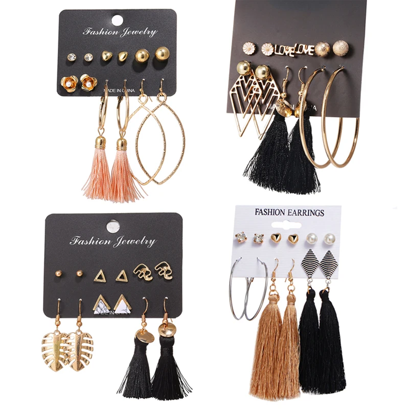 

SHUANGR Vintage Long Tassel Drop Earrings Set For Women Girl Bohemian Flower Heart Earrings Fabric Female Fashion Jewelry