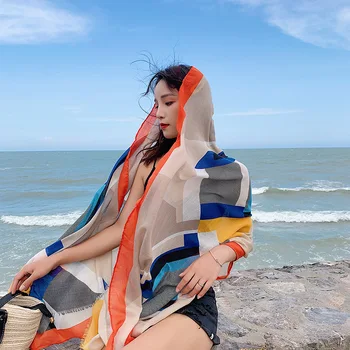 

Women's Summer Thin Scarf Shawl Printed Geometric Scarf Travel Beach Long Sunscreen Scarf New Brand Bandana Size 90X180 CM