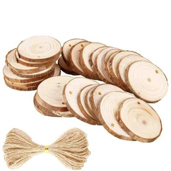

50pcs 5-6cm Unfinished Round Wooden Discs Painting Craft Slice Circle Ornament Crafts with 10M Rope for DIY Wedding Party Decor