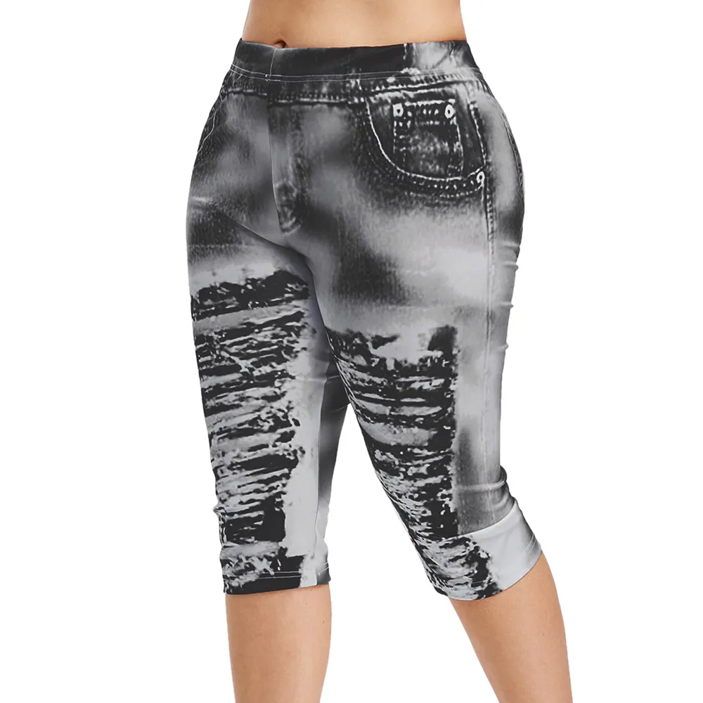 

Plus Size 3D Ripped Jeans Print Leggings Elastic High Wasit Capri Skinny Jeans Summer Women Leggings 2019 Streetwear 5XL Trouser