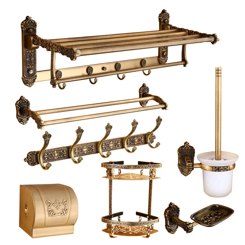 Bathroom Hardware Set Tuqiu Bathroom Accessories Antique Bronze Carved Aluminum Bath Hardware Towel Rack, Paper holder Toilet Brush Holder, hooks