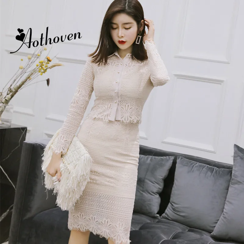 

2 Piece Women New Autumn Dresses Turn-down Collar Long Sleeve Elegant Dress Office Sexy Party Vintage Bandage Bodycon Lace Dress