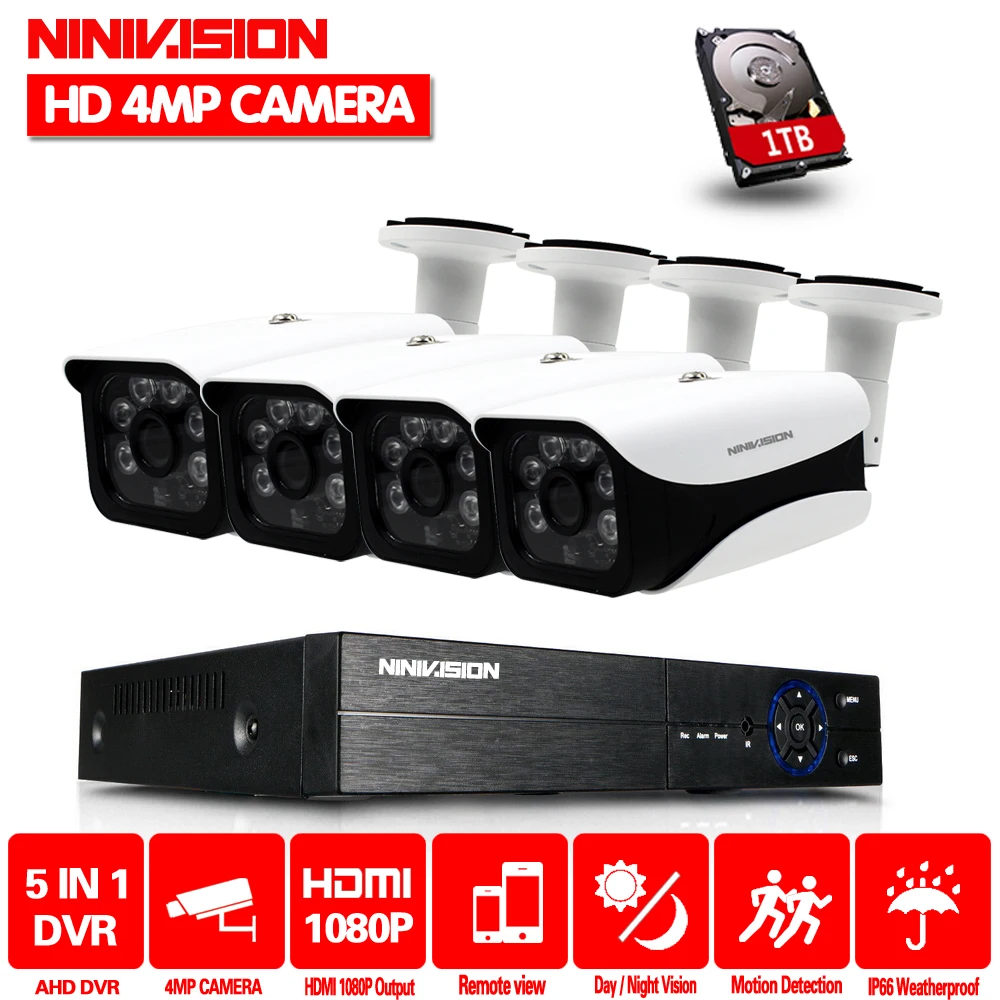 

NINIVISION 4mp CCTV Surveillance Kit 4mp Security Camera System 4ch DVR 2560*1440P Video Kit CCTV Easy Remote View on Phone