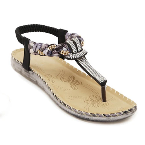 CEYANEAO/богемные дамские стринги; домашние туфли с бусинами и стразами; босоножки на плоской подошве; Вьетнамки; летние пляжные сандалии; YDT538 - Цвет: black
