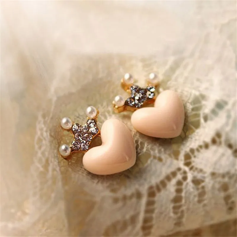 

Cute Lovely Crystal Crown Stud earrings Free Shipping Mellow Rose Peach Heart Earrings simulated Pearl ear