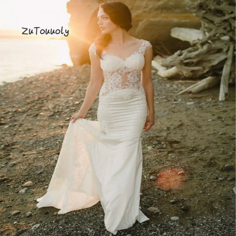 Уникальный Boho Русалка свадебное платье See Through Appliques пикантное пляжное с открытой спиной свадебное платье es с шлейфом тонкий лиф платье для