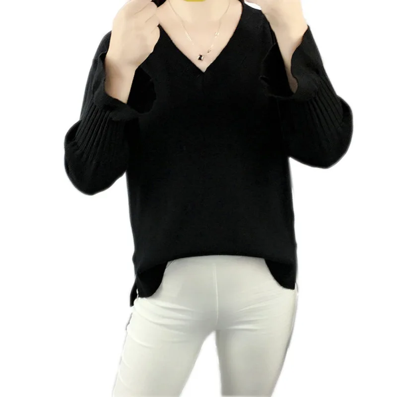Women Sweater Pullovers Korean Solid Color V Neck Sweater Women Loose Trumpet Flare Long Sleeve Sweater Split Clothing