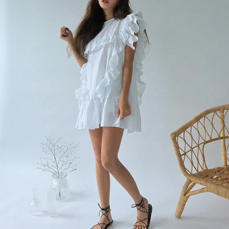 

Women Mini White Ruffle Dress Elegant Plus Size Casual Vestidos Mujer Robe Femme Korean Ladies Clothes