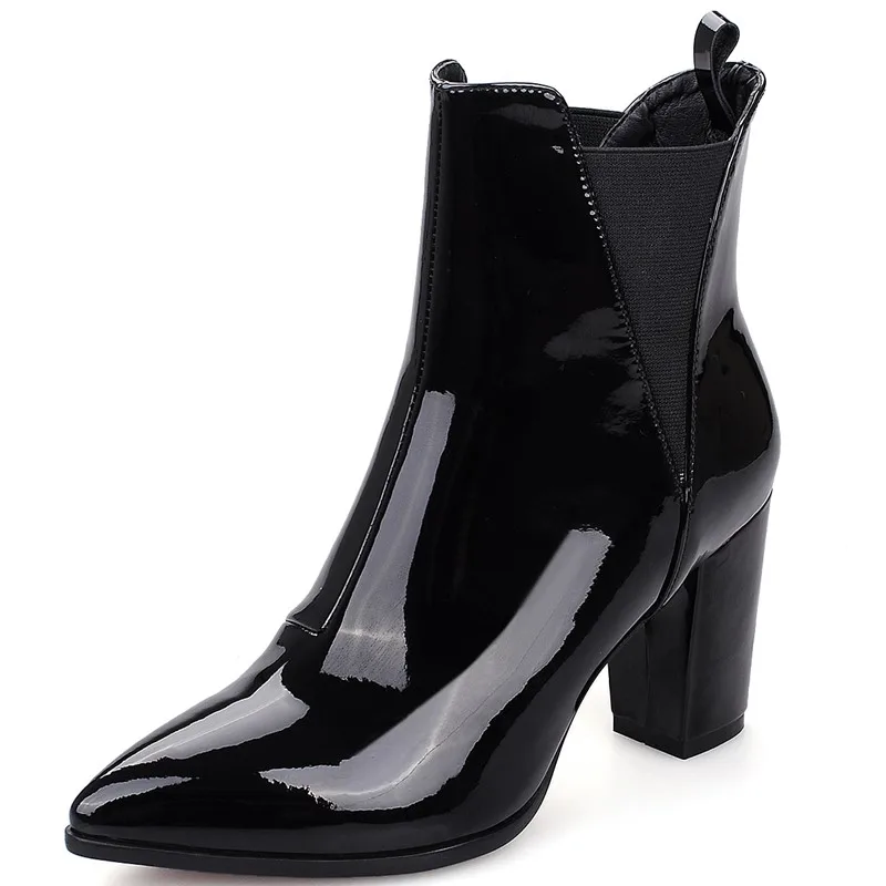 

autumn Ladies shoes Women Ankle Boots Heels Patent Leather point toe sapatos femininos square high heels boot