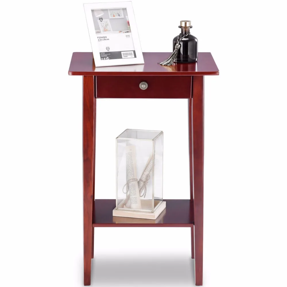 Giantex End Table Tall Wood Side Table Accent Style Telephone Stand Table Drawer Shelf Living Room Furniture HW57881