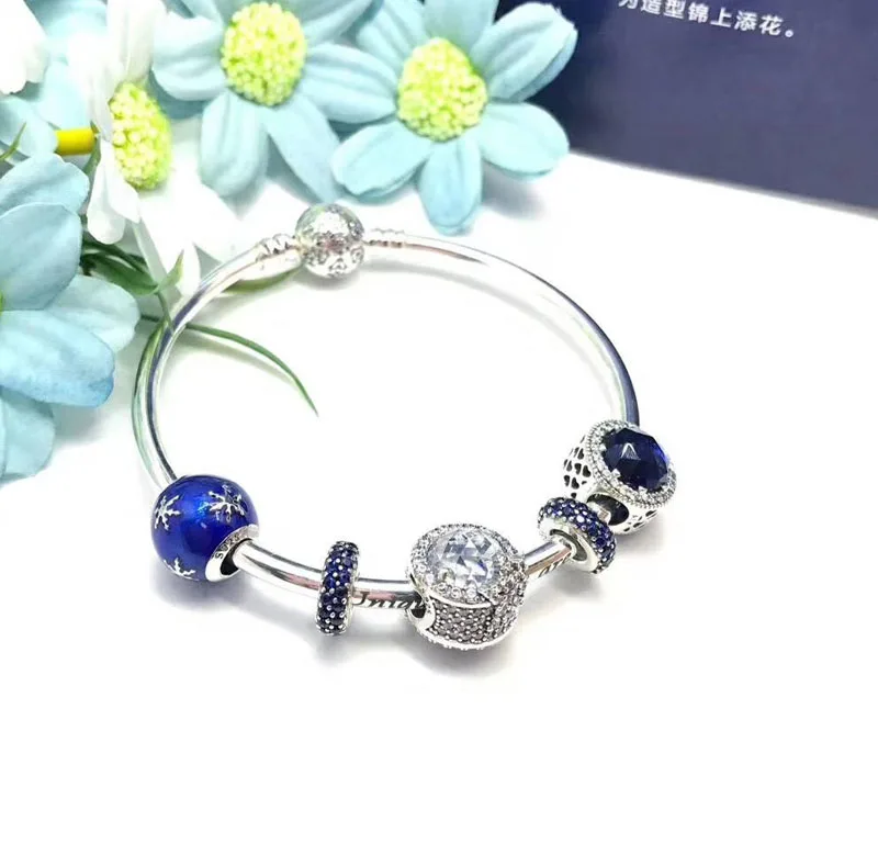 

Popular Bracelet Blue Series Gift 925 Sterling Silver Snowflake Charm Bangle For Girls Girlfriend Gifts Good Quality Jewelry