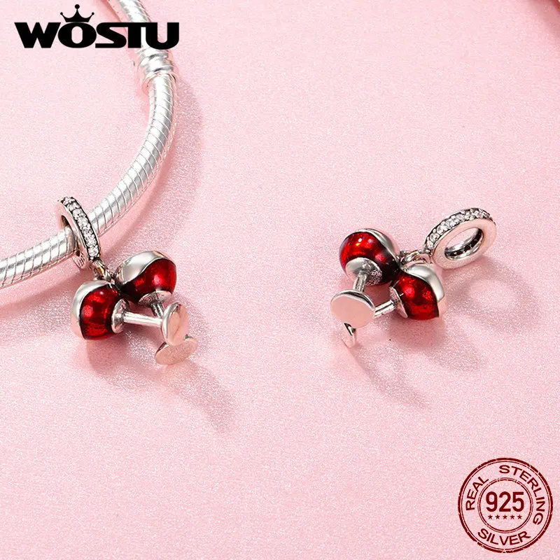 WOSTU Real 925 Sterling Silver Cheers for Love Couple Beer Pendant Charm Fit DIY Bracelet Jewelry Valentine Day Gift FIC478