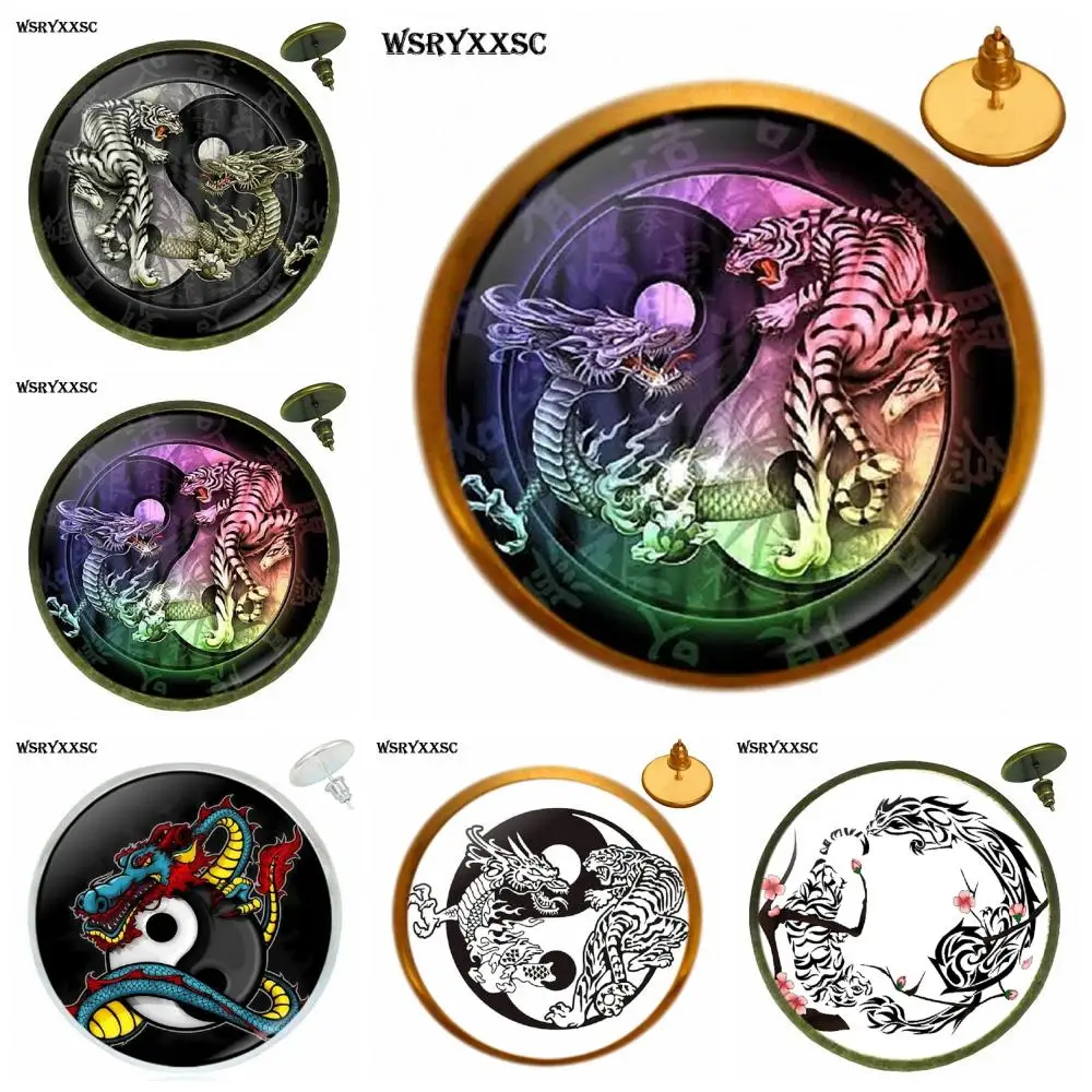 

Tai Chi dragon tiger Yin Yang For Girls Gifts Glass Cabochon Round Bronze/Silver/Golden Clip Ear Hook Stud Earring Jewelry Gifts
