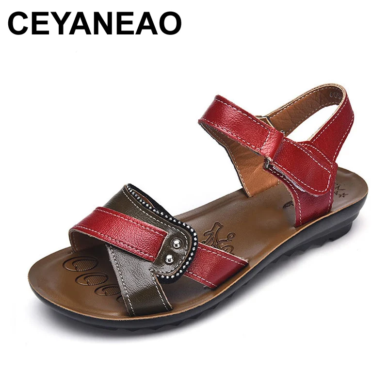 melhor Mulheres Sandálias Flat Hook Loop CEYANEAO Verão Sapatos Chinelos de Praia Senhoras Vermelhas Sandalias Moda Chaussures Femme