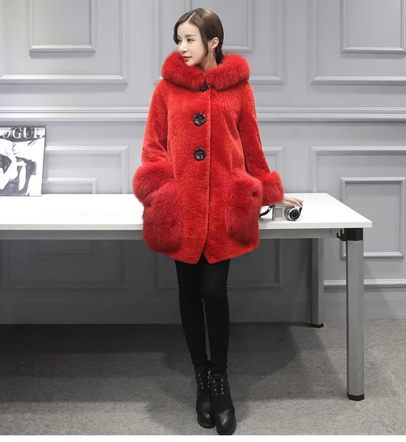 Clobee, Женское зимнее пальто с имитацией искусственного меха, Женское пальто с воротником из искусственного меха, меховая куртка с капюшоном, пальто средней длины, S-4XL - Цвет: Красный