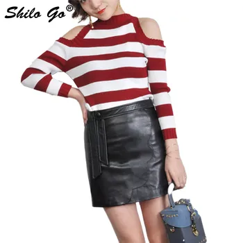 

Leather Skirts Womens Spring Fashion sheepskin genuine leather Skirts high waist button Casual concise pencil skirts