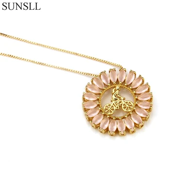 

SUNSLL 2 Color Copper Cubic Zirconia Bicycle Girl Diameter 2.7cm Round Pendant Necklaces Women's fashion Jewelry Colar Feminina