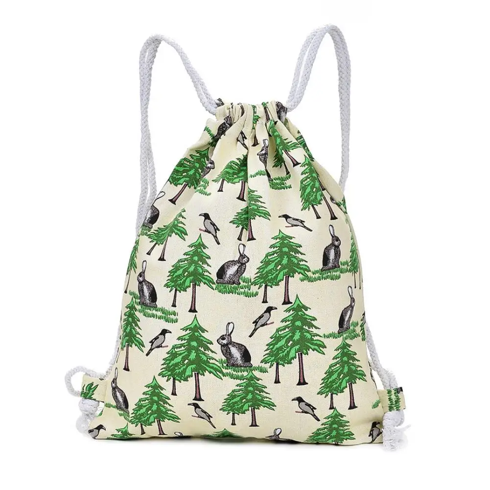 Rabbit Tree Cartoon Women's Drawstring Backpack Travel Casual Canvas School Bag Teenage Girls Cute Bookbag