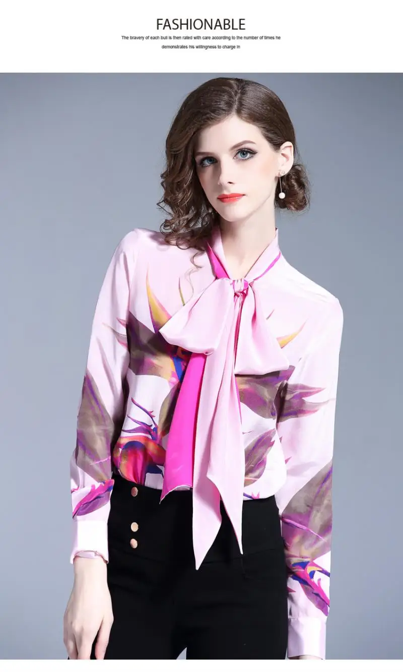 Vestidos Spring Women Blouse 2018 Runway Fashion Print Flowers Bow Plplin Long Sleeve Work Wear Lapel Collar Shirts