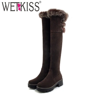 

WETKISS High Heels Women Snow Boots Zip Flock Round Toe Footwear Over The Knee Warm Female Boot Platform Shoes Woman Winter 2018