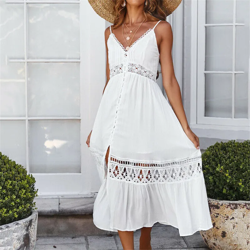 Boho пляжное летнее женское платье без рукавов Hiliday кружевное элегантное с высокой