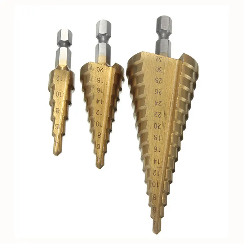 3Pcs Metric Spiral Flute Step HSS Steel 4241 Cone Titanium Coated Drill Bits Tool Set Hole Cutter 4-12/ 20/ 32mm + Pouch 3Pcs Metric Spiral Flute Step HSS Steel 4241 Cone Titanium Coated Drill Bits Tool Set Hole Cutter 4-12/ 20/ 32mm + Pouch