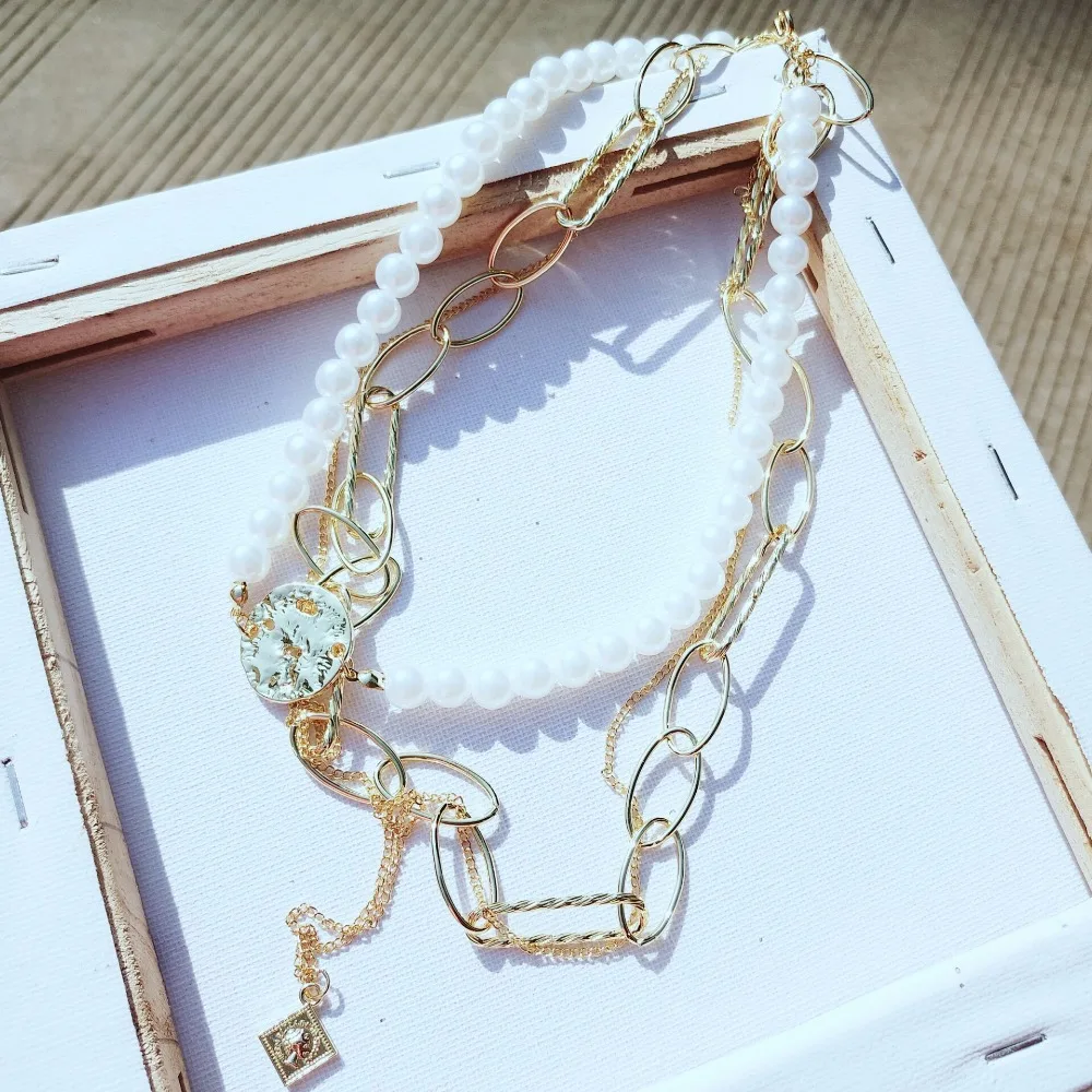 

Statement Coin Multi Layers Choker Necklace Women 2019 Fashion Jewelry Wholesale Gold Color Chain Big Simulated Pearl Collares