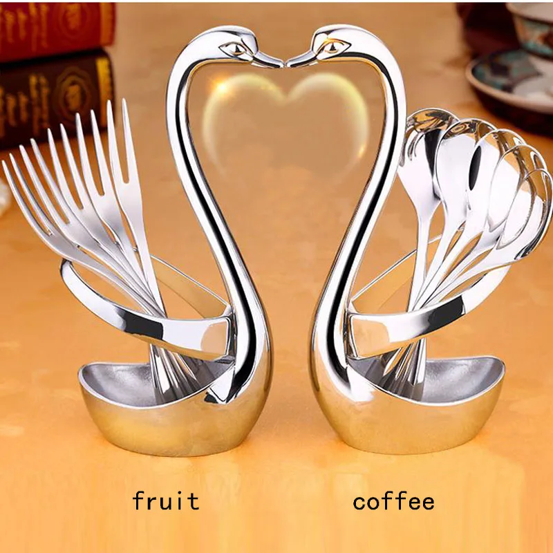 

Stainless Steel Swan Dinnerware Set Fruit/Dessert cutlery Set for Swan Base Holder with 5 Forks Western Food Cutleries