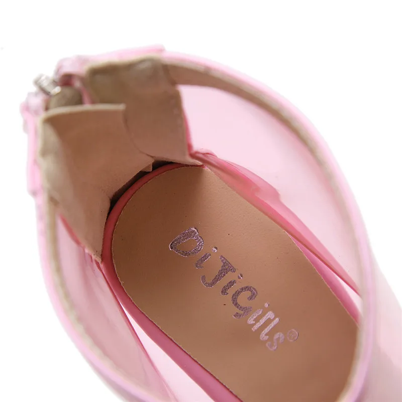 DiJiGirls/Летние босоножки; розовые прозрачные сандалии-гладиаторы из пвх; пикантная обувь с открытым носком; женские ботильоны на не сужающемся книзу массивном каблуке