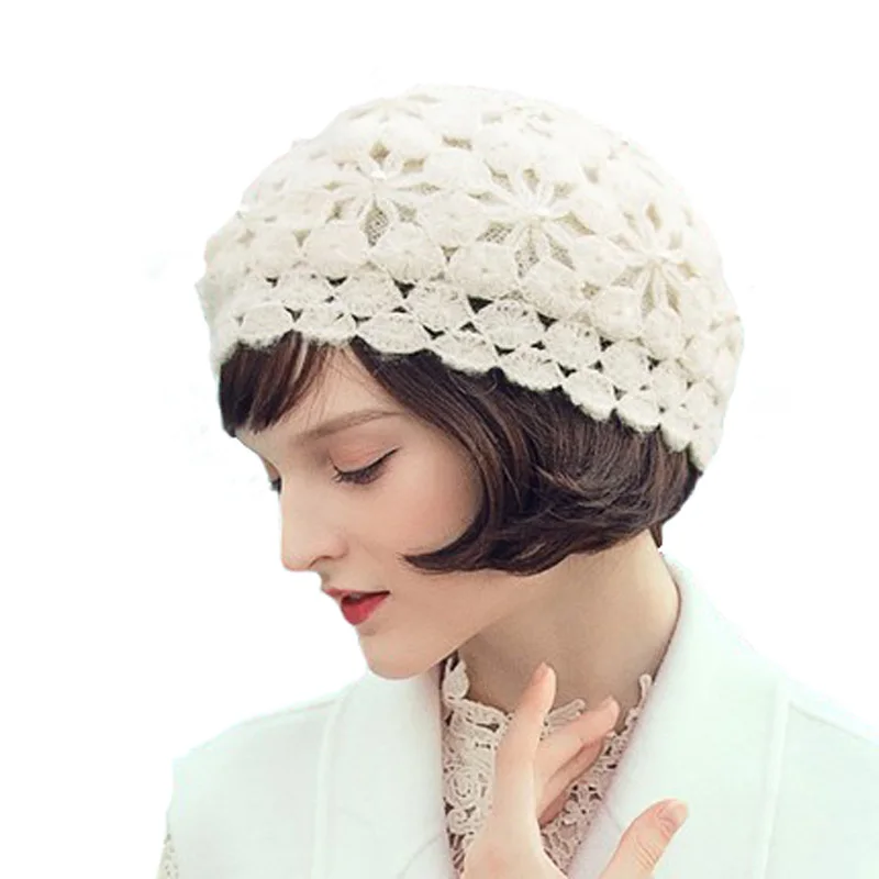 FS, женская шапка, зимняя, теплая, модная, дизайнерская, белая, черная, серая, фиолетовая, шапки бини, женские, для девочек, шапки с цветком, украшенные бисером, Повседневные шапки, шапка - Цвет: Белый