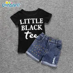 LONSANT/Новые Детские комплекты одежды для девочек, милая модная футболка с надписью для маленьких девочек, топы, джинсовые шорты, штаны, Conjunto
