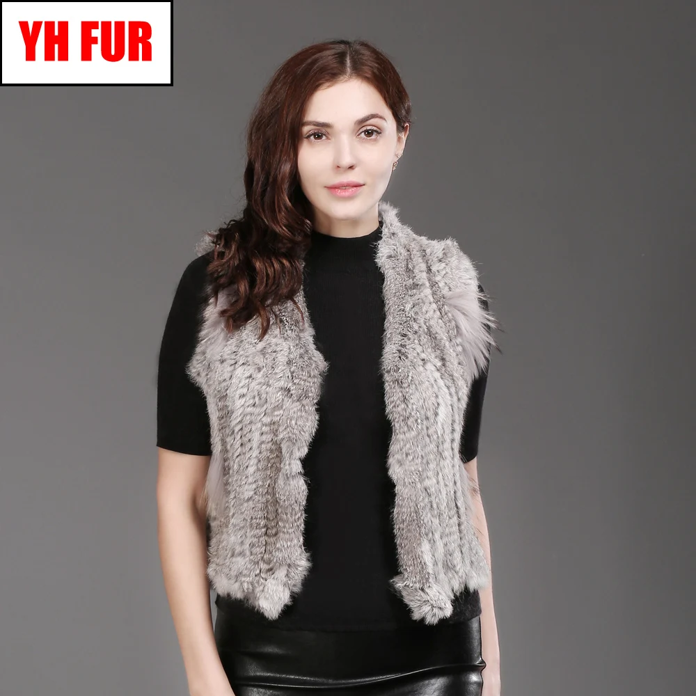 

Women Real Rabbit Fur Vest Spring Autumn Lady Knitted Handmade Rabbit Fur Sleeveless Jacket 100% Natural Soft Rabbit Fur Gilet