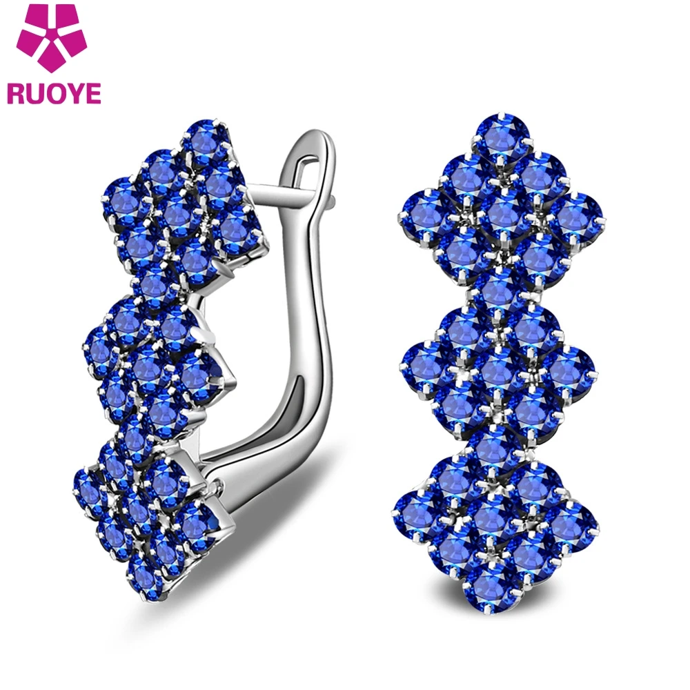 

RUOYE 2019 Fashion Stud Earring White Blue Full Crystal Design Earring For Women Silver Jewelry femme New oorbellen pendientes