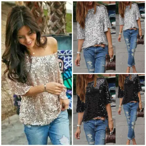 

2019 New Hot Sale Latest Summer Fashion Style Ladies Sloping Shoulder Glistening Sequin Slim Shirt Tops Women Casual T Shirts