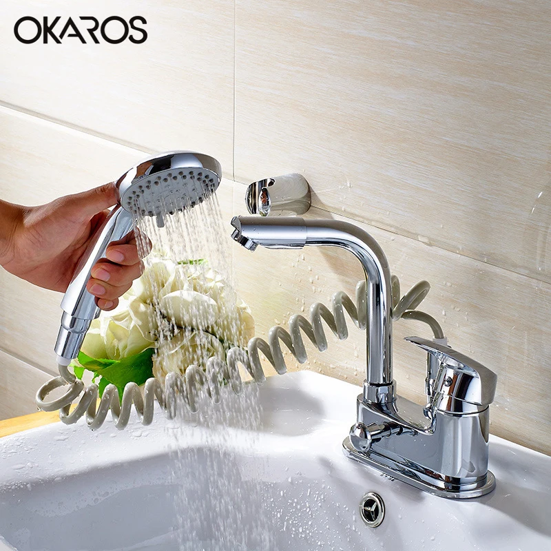 

OKAROS Multi functional bathroom Basin Faucet With Shower Head 360 Degree Body And Spout Chrome Finish Hot Cold Water Tap Mixer