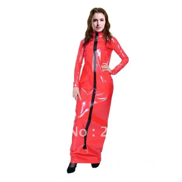 Red Long Sleeves Front Zipper PVC Zentai Dress on
