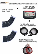 Solarparts 2x50W DIY RV/Boat Kits Solar System 1 x50W flexible solar panel 1x 10A solar controller 1 set 3M MC4 cable 1 set clip