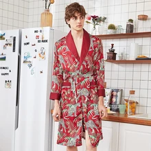 Мужское повседневное кимоно банное Платье с принтом Пижамный костюм из вискозы летний халат с длинным рукавом Мужская домашняя одежда шелковые пижамы Размер L XL XXL