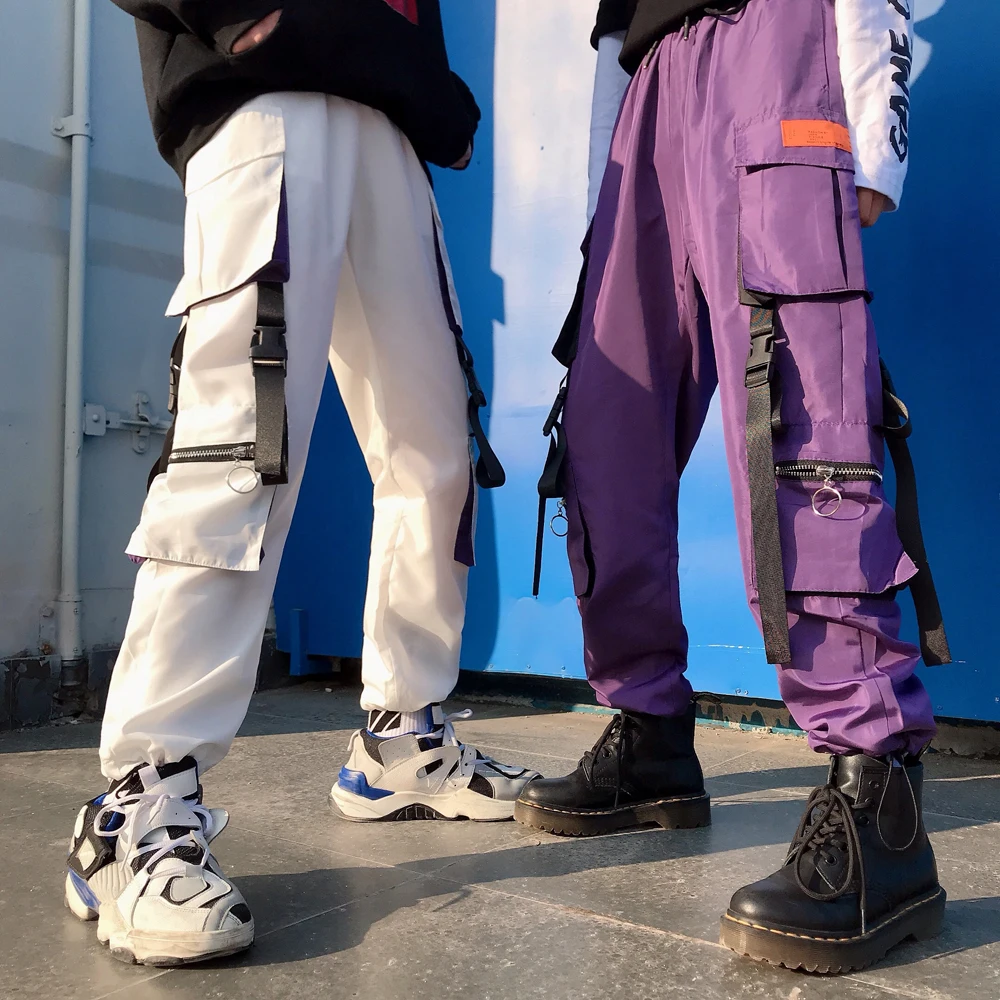 Уличная одежда для женщин Cargo harajuku Брюки унисекс карманные фиолетовые брюки HipHop High Street Лучший!